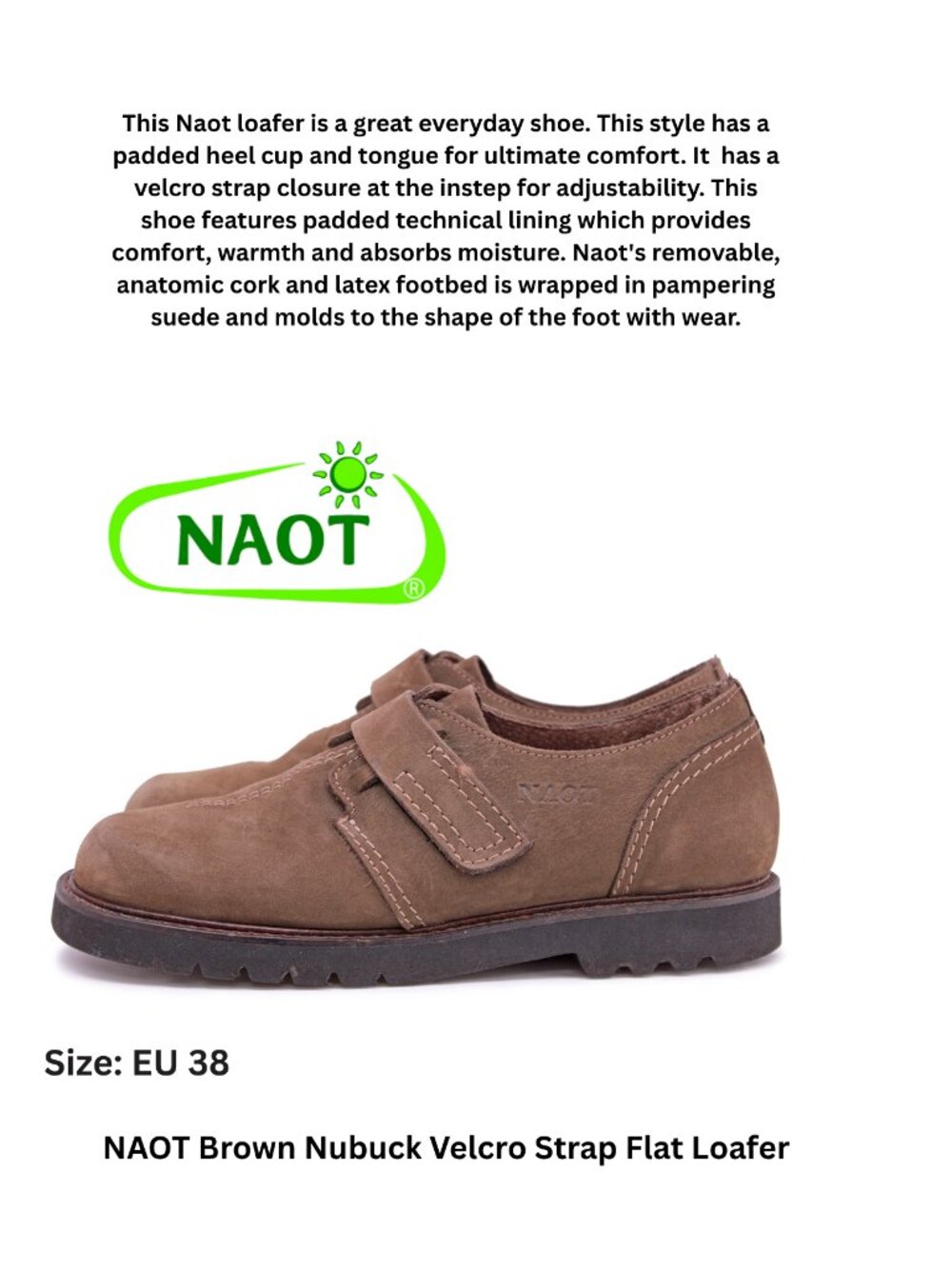 NAOT Brown Nubuck Velcro Strap Flat Loafer
